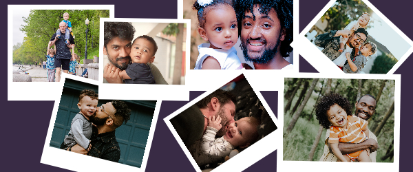 Photographs of diverse groups of fathers and their kids in smiling and happy looking photos